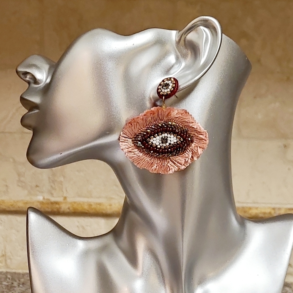 New Oversized Boho Funky Evil Eye Beaded Silk Fringe Drop Earrings - Picture 8 of 8